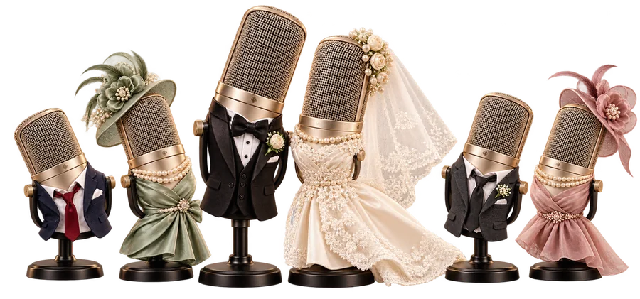 Micrófonos de podcast vestidos de novios e invitados de boda: videopodcast de boda en Cádiz