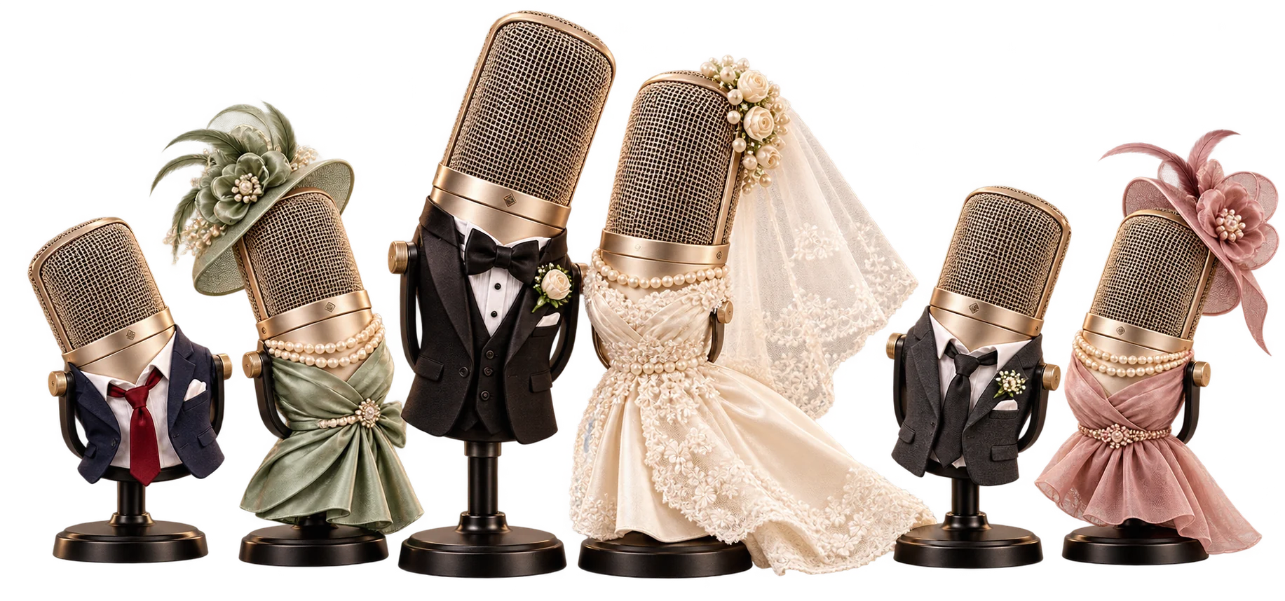 Micrófonos de podcast vestidos de novios e invitados de boda: videopodcast de boda en Cádiz