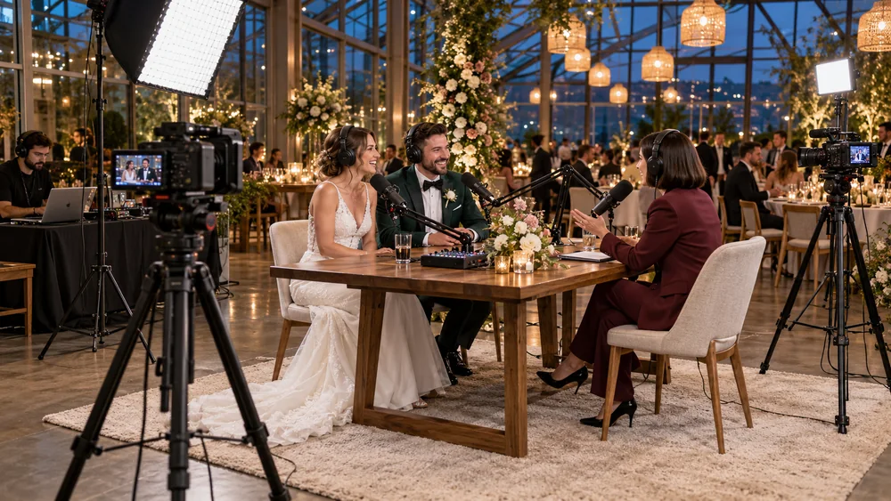Novios grabando un videopodcast de boda con micrófonos, cámaras e iluminación en el salón del banquete